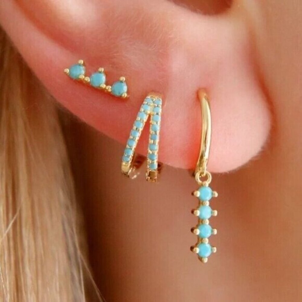 Dainty Double Huggies 18K Gold 925 Sterling Silver Double Turquoise Huggies CUTE - Picture 4 of 10